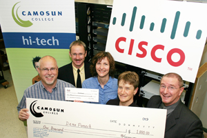 L to R: Ward Cartier, Acting Associate Dean, School of Trades & Technology Trevor Curtis, Instructor Dena Ponech, Scholarship Recipient Dr. Liz Ashton, Camosun College President, Michael Conn, Acting Dean, School of Trades & Technology