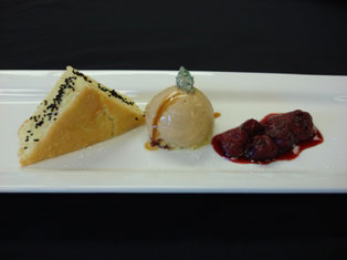 Birch Syrup Ice Cream, Olive Cake Sandwich & Strawberry Confit.