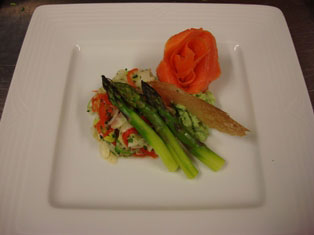 Smoked Salmon "Rosette" and Arugula Foam, Steamed Asparagus, Shaved Fennel, Leek & Citrus Salad