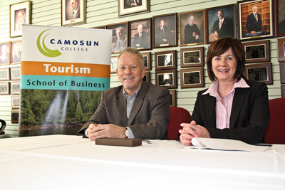 Camosun president Kathryn Laurin and Royal Roads University president Allan Cahoon