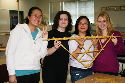 Girls competing in the spaghetti bridge competition.