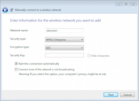 Manually connect to a wireless network dialogue box screenshot